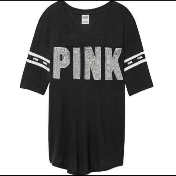 VS PINK V-Neck - Black With Silver Bling - Picture 1 of 4